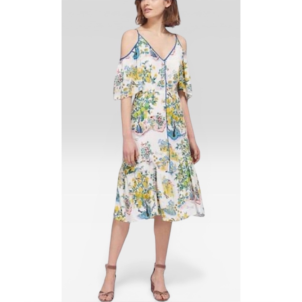 WHISTLES | 100% Silk Flutter Sleeve Lemon Garden Midi Dress, Size US 8